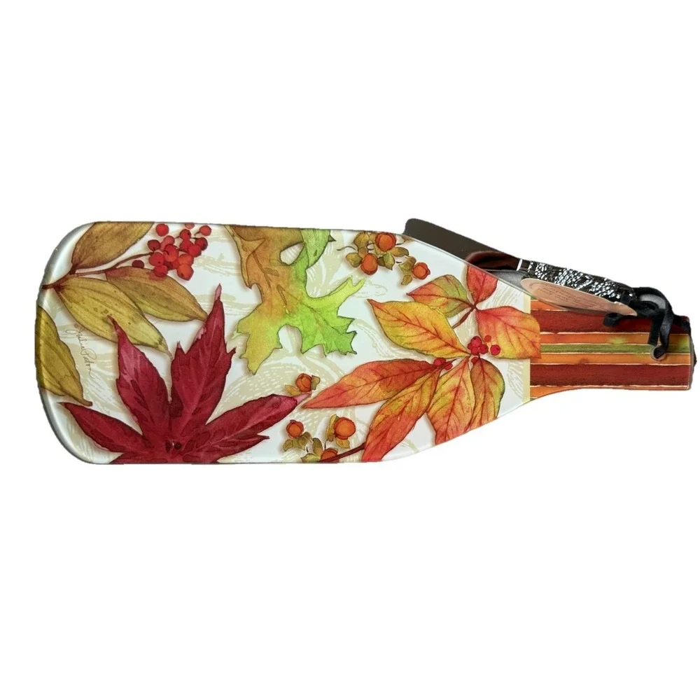 CounterArt Glass Wine Bottle Cheese Board with Spreader – Autumn Leaves – Unused